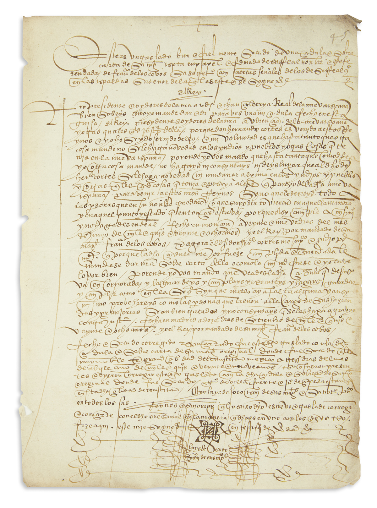 (MEXICAN MANUSCRIPTS.) Royal decree protecting the Mexican estate of Cortés while he was in Spain.